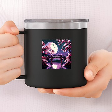 Discover 8 bit Retro Cherry Blossom Magic Riverside Bridge Moonlight 14oz Stainless Steel Tumblers