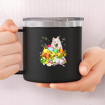 Discover Dog Samoyed Bunny Dog With Easter Eggs Basket Cool 14oz Stainless Steel Tumblers