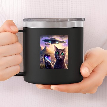 Discover Aliens UFO Funny Cat Selfie Galaxy Cat 14oz Stainless Steel Tumblers