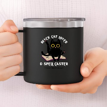 Discover Book Fun Black Cat on Magic Spell Book Wiccan Pagan Reader 14oz Stainless Steel Tumblers