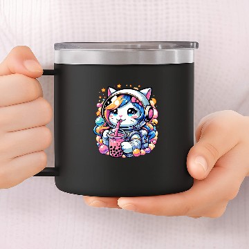 Discover Anime Cute Astronaut Cat In Space Drinking Bubble Boba Tea 14oz Stainless Steel Tumblers