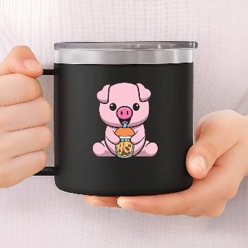 Discover Pig Pet Bubble Milk Tea Pig Cute Pig Drinking Boba Milk Tea 01 14oz Stainless Steel Tumblers