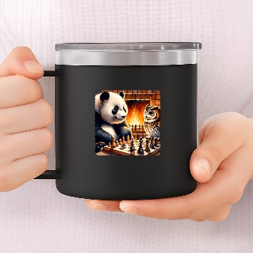 Discover Panda Pet Playing Chess With Owl By Fireplace Cozy Strategy 14oz Stainless Steel Tumblers