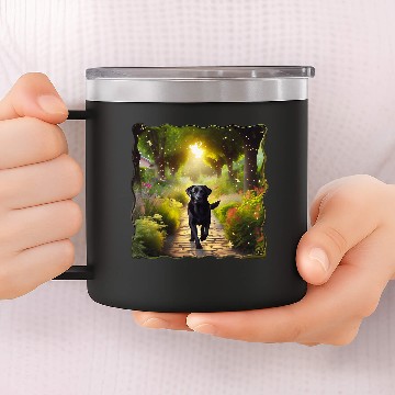 Discover Beautiful Black Lab Dog Running Down a Garden Path 14oz Stainless Steel Tumblers