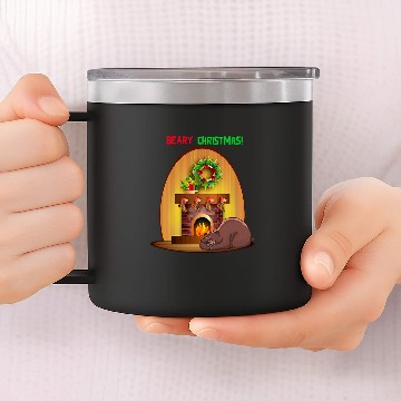 Discover Bear Pet Beary Christmas Sleeping Bear with Fireplace 14oz Stainless Steel Tumblers