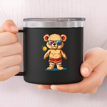 Discover Bear Pet Pool Teddy Bear with swimming Trunks and Sunglasses Zip 14oz Stainless Steel Tumblers