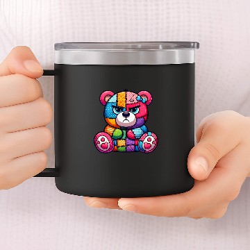 Discover Bear Pet Rebel teddy bear A colorful patchwork look Baseball Tees 14oz Stainless Steel Tumblers