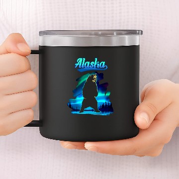 Discover Bear Pet Roaring Bear Alaska Northern Lights Aurora Baseball Tees 14oz Stainless Steel Tumblers