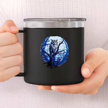 Discover Owl Pet Twilight Blue Impressionist Owl on Skeletal Tree 14oz Stainless Steel Tumblers