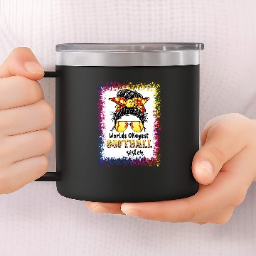 Discover Worlds Okayest Softball Sister Bleached Leopard Messy Bun 14oz Stainless Steel Tumblers