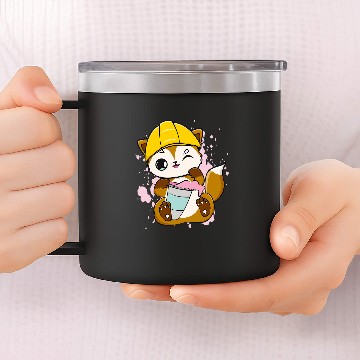 Discover Construction Worker Fox Drinks Bubble Tea For Boba Tea Lover Baseball Tees 14oz Stainless Steel Tumblers