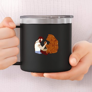 Discover Guy arm wrestling with bear 14oz Stainless Steel Tumblers
