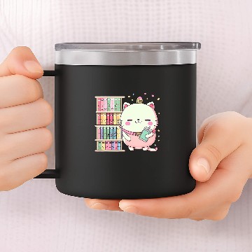 Discover Cute Kawaii Book and Cat Lover Librarian Reading 14oz Stainless Steel Tumblers