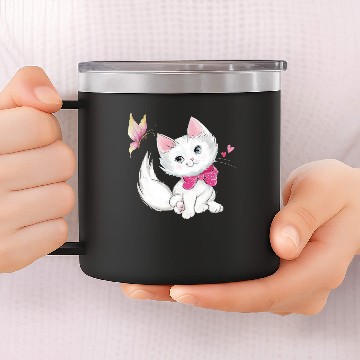 Discover Cute White Kitten with Butterfly on pastel 14oz Stainless Steel Tumblers