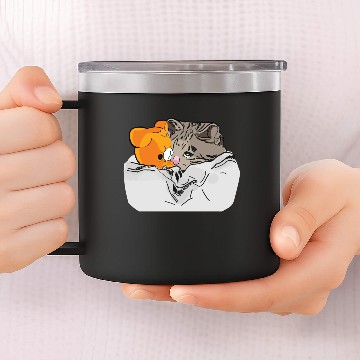 Discover Sad Kitten Cat Crying bed with Teddy Meme 14oz Stainless Steel Tumblers