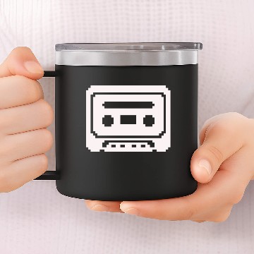 Discover Pixelated Cassette Tape in White color. 14oz Stainless Steel Tumblers
