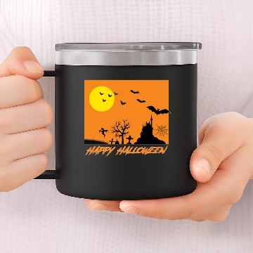 Discover Moonlit Haunted House Ghost Bat Cobweb Gravestone. 14oz Stainless Steel Tumblers