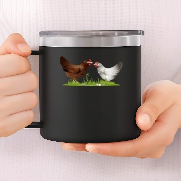 Discover two free range chickens on a green meadow 14oz Stainless Steel Tumblers