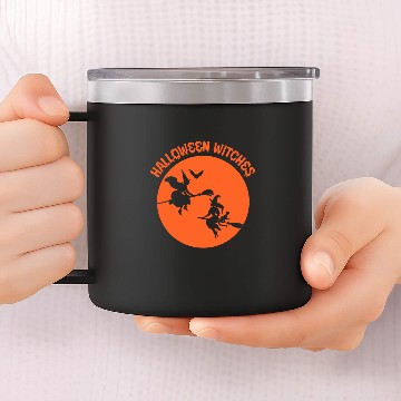 Discover Halloween Witches Orange on brooms 14oz Stainless Steel Tumblers