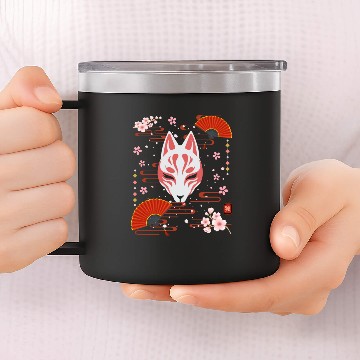 Discover Japanese Kitsune Fox Mask And Cherry Blossoms 14oz Stainless Steel Tumblers