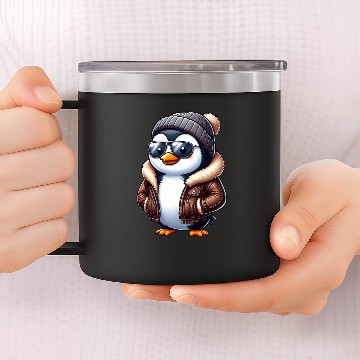 Discover Cool penguin with sunglasses hat leather jacket 14oz Stainless Steel Tumblers