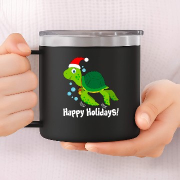 Discover Sea Turtle Santa Hat Happy Holidays 14oz Stainless Steel Tumblers
