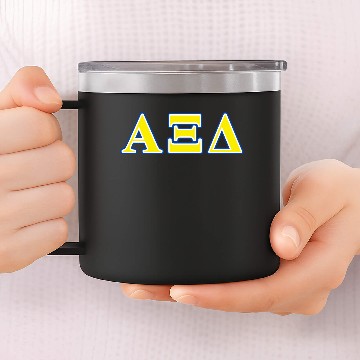 Discover Alpha Xi Delta Yellow and Blue Letters 14oz Stainless Steel Tumblers