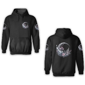 Discover Crescent moon in silver, with crystals and flowers 3D Hoodies