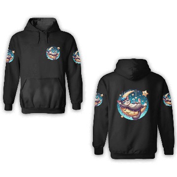 Discover Cute Cat Relaxing on Moon with Stars and Coffee 3D Hoodies