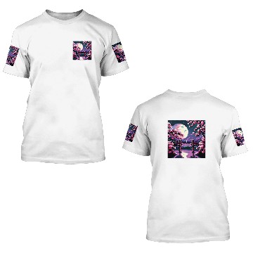 Discover 8 bit Retro Cherry Blossom Magic Riverside Bridge Moonlight 3D T Shirts