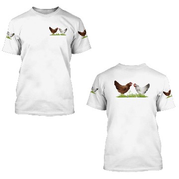 Discover two free range chickens on a green meadow 3D T Shirts