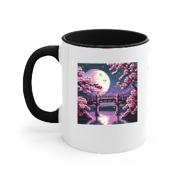 Discover 8 bit Retro Cherry Blossom Magic Riverside Bridge Moonlight Accent Mugs