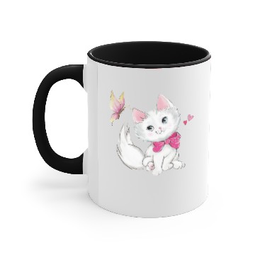Discover Cute White Kitten with Butterfly on pastel Accent Mugs