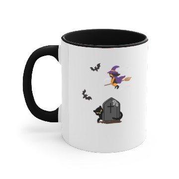 Discover GRAVEYARD WITCH FLYING OVER CAT WITH BATS Accent Mugs