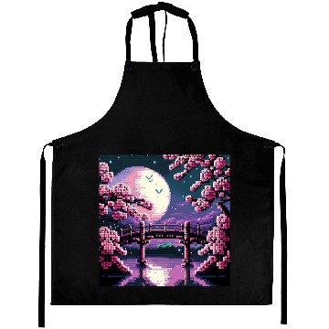 Discover 8 bit Retro Cherry Blossom Magic Riverside Bridge Moonlight Aprons
