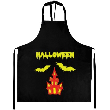 Discover Halloween scary castle bat yellow red Aprons