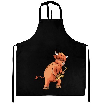 Discover Highland Cow Cattle Playing Saxophone Music Gift Aprons