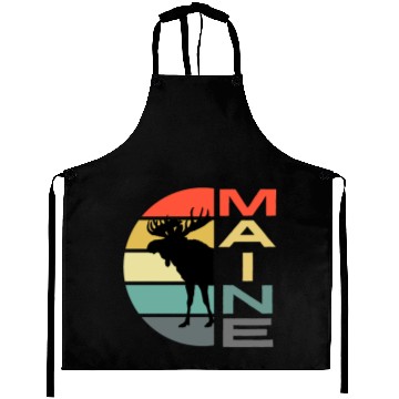 Discover Maine Moose Retro Sunset Acadia Nature Vintage Aprons