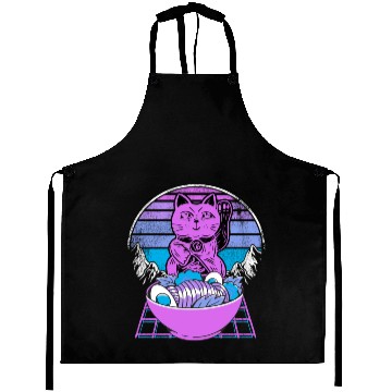 Discover Ramen Maneki Neko Cat Kawaii Retrowave Sunset 80s Aprons