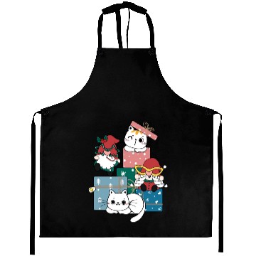 Discover cute gnome and kitty cats on present gift box Aprons
