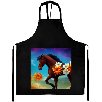 Discover Brown horse with orange white flowers drawing Aprons