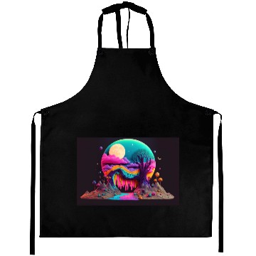 Discover Spooky Full Moon Psychedelic Landscape Paint Drips Aprons