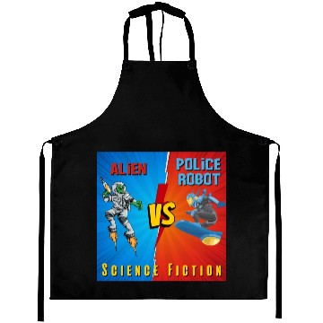 Discover Alien vs police robot Science Fiction Aprons