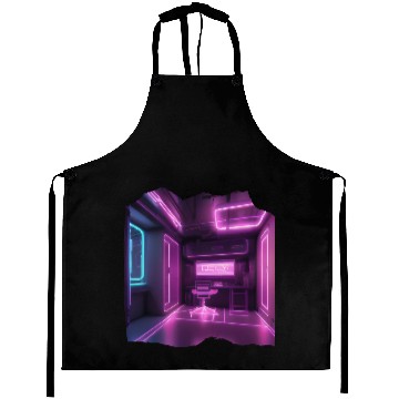 Discover Isometric Gamer Room Print - Unique Neon Art Aprons