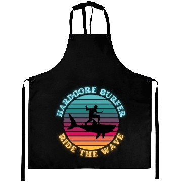 Discover Hardcore Shark Surfer Ride the Wave Sunset Neon Aprons