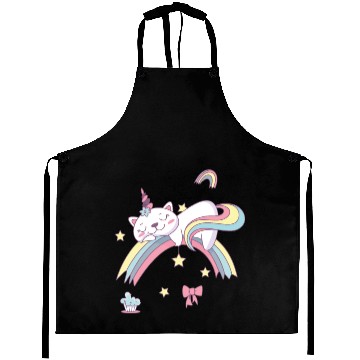 Discover Unicorn Kawaii Cat Cartoon Over Rainbow Aprons