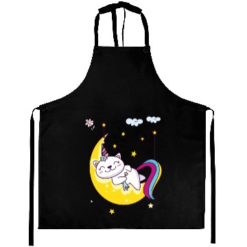Discover Unicorn pony cat on the moon, magic sleeping time Aprons