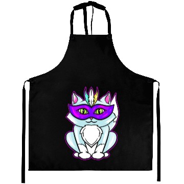 Discover Cute Kawaii Cat With Purple Mask For Mardi Gras Aprons