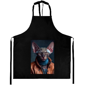 Discover Devon Rex Cat Breed Portrait wears a leather jacke Aprons