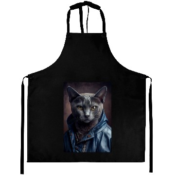 Discover Russian Blue Cat Breed Portrait wears a leather j Aprons